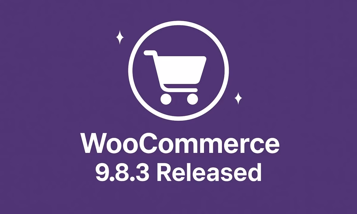 Logo de WooCommerce con el texto "WooCommerce 9.8.3 Released" sobre fondo morado, anunciando el lanzamiento de la nueva versión